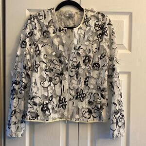 Joseph Ribkoff 3D Floral Zip Jacket Womens Size 10 White Black Mesh Art To Wear